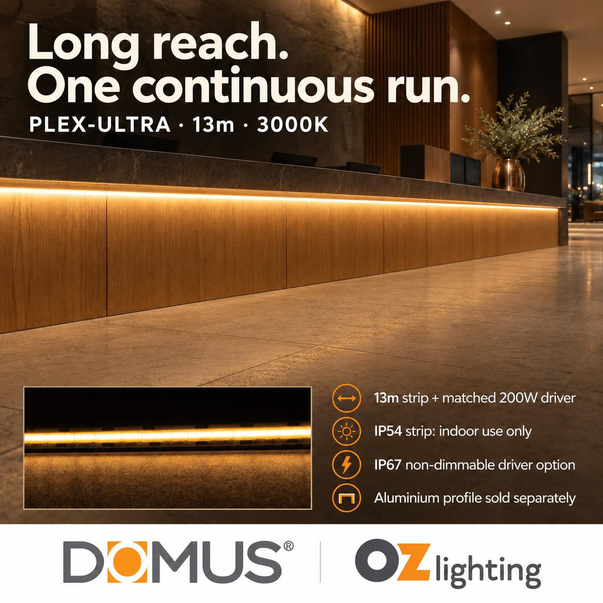 Domus PLEX Ultra 13 Metre 10W/m Warm White Strip and Driver Bundle-Domus Lighting-Ozlighting.com.au