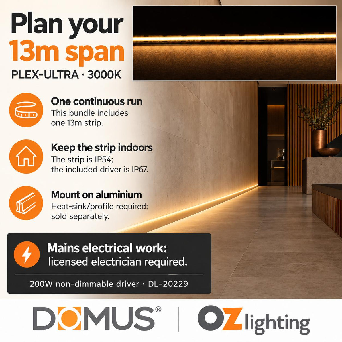 Domus PLEX Ultra 13 Metre 10W/m Warm White Strip and Driver Bundle-Domus Lighting-Ozlighting.com.au