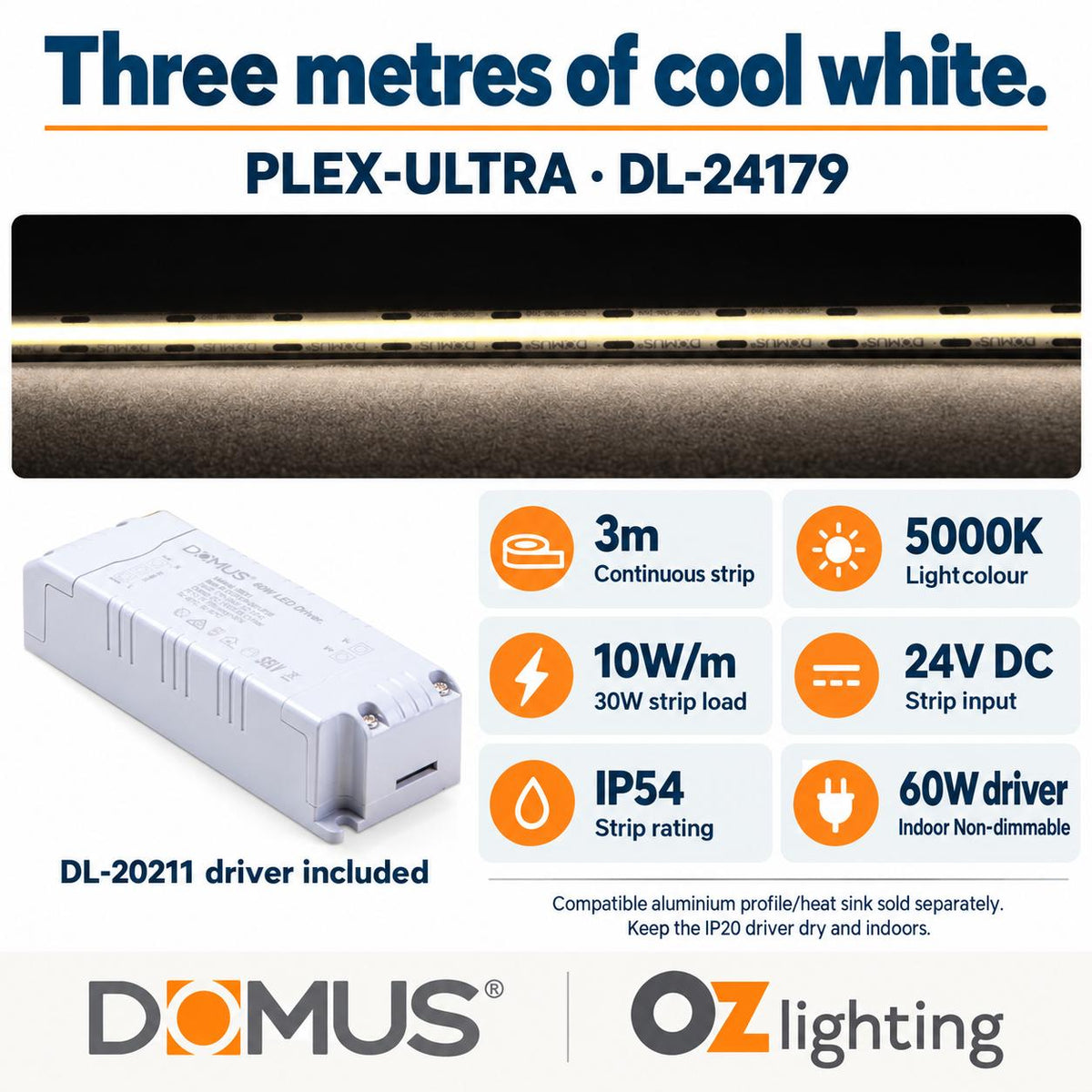 Domus PLEX Ultra 3 Metre 10W/m Cool White Strip and Driver Bundle-Domus Lighting-Ozlighting.com.au