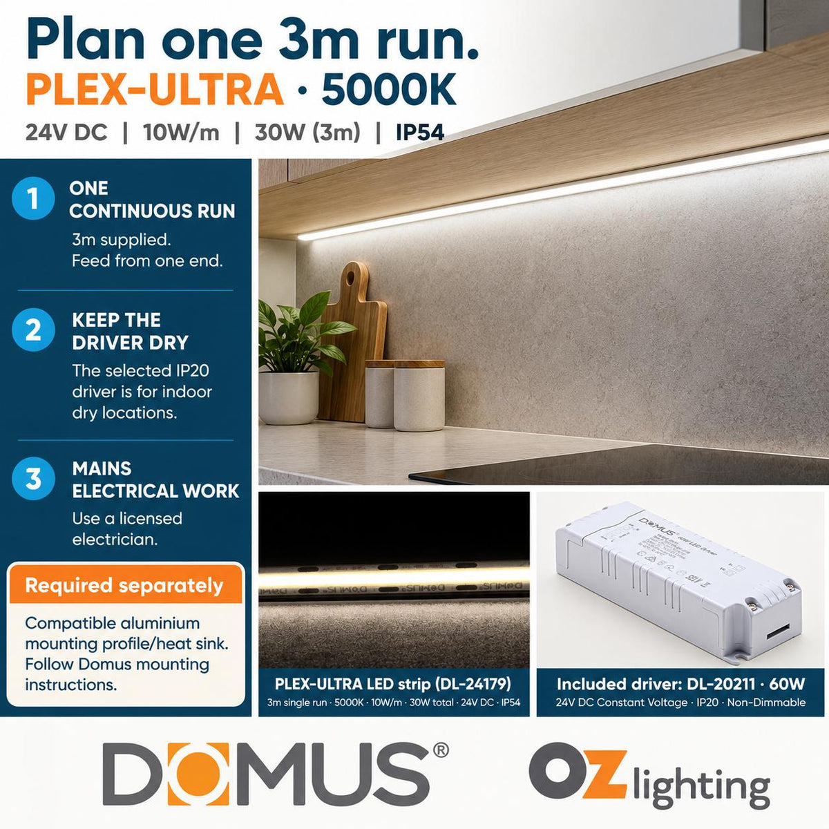 Domus PLEX Ultra 3 Metre 10W/m Cool White Strip and Driver Bundle-Domus Lighting-Ozlighting.com.au