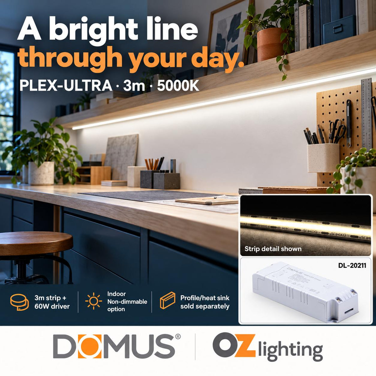 Domus PLEX Ultra 3 Metre 10W/m Cool White Strip and Driver Bundle-Domus Lighting-Ozlighting.com.au