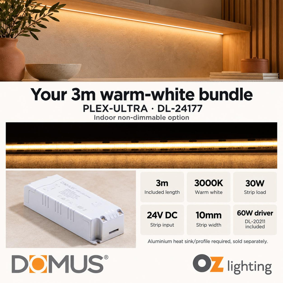 Domus PLEX Ultra 3 Metre 10W/m Warm White Strip and Driver Bundle-Domus Lighting-Ozlighting.com.au