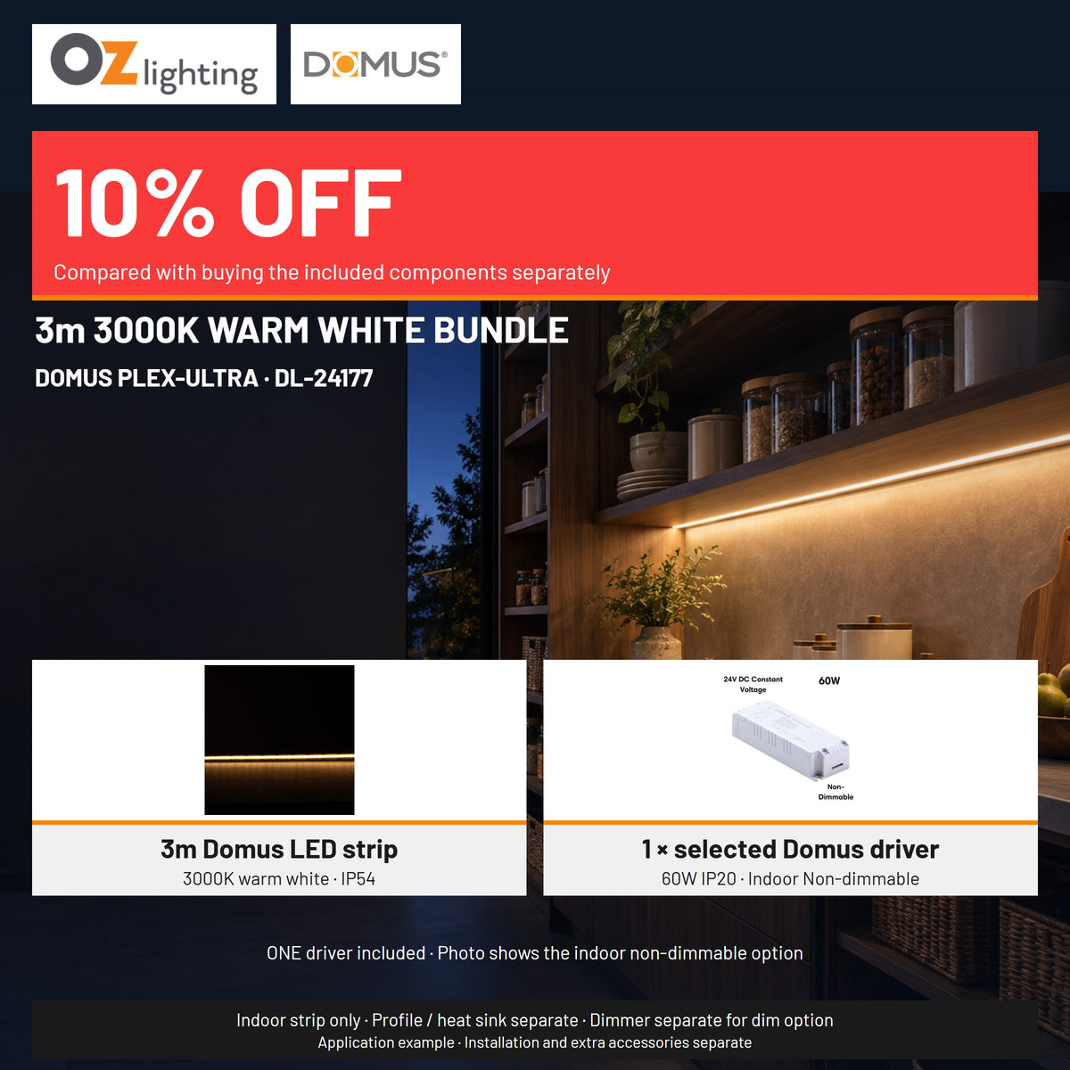 Domus PLEX Ultra 3 Metre 10W/m Warm White Strip and Driver Bundle-Domus Lighting-Ozlighting.com.au