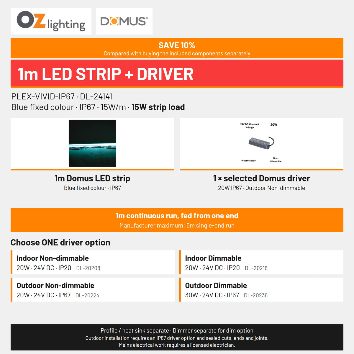 Domus PLEX Vivid 1 Metre 15W/m Blue Outdoor Strip and Driver Bundle-Domus Lighting-Ozlighting.com.au