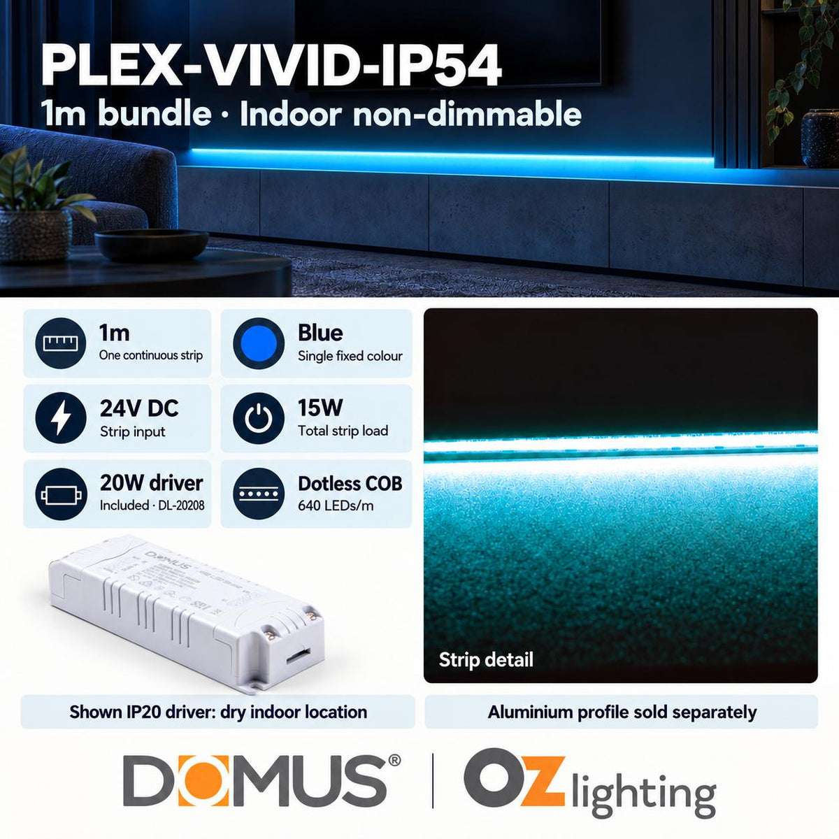Domus PLEX Vivid 1 Metre 15W/m Blue Strip and Driver Bundle-Domus Lighting-Ozlighting.com.au