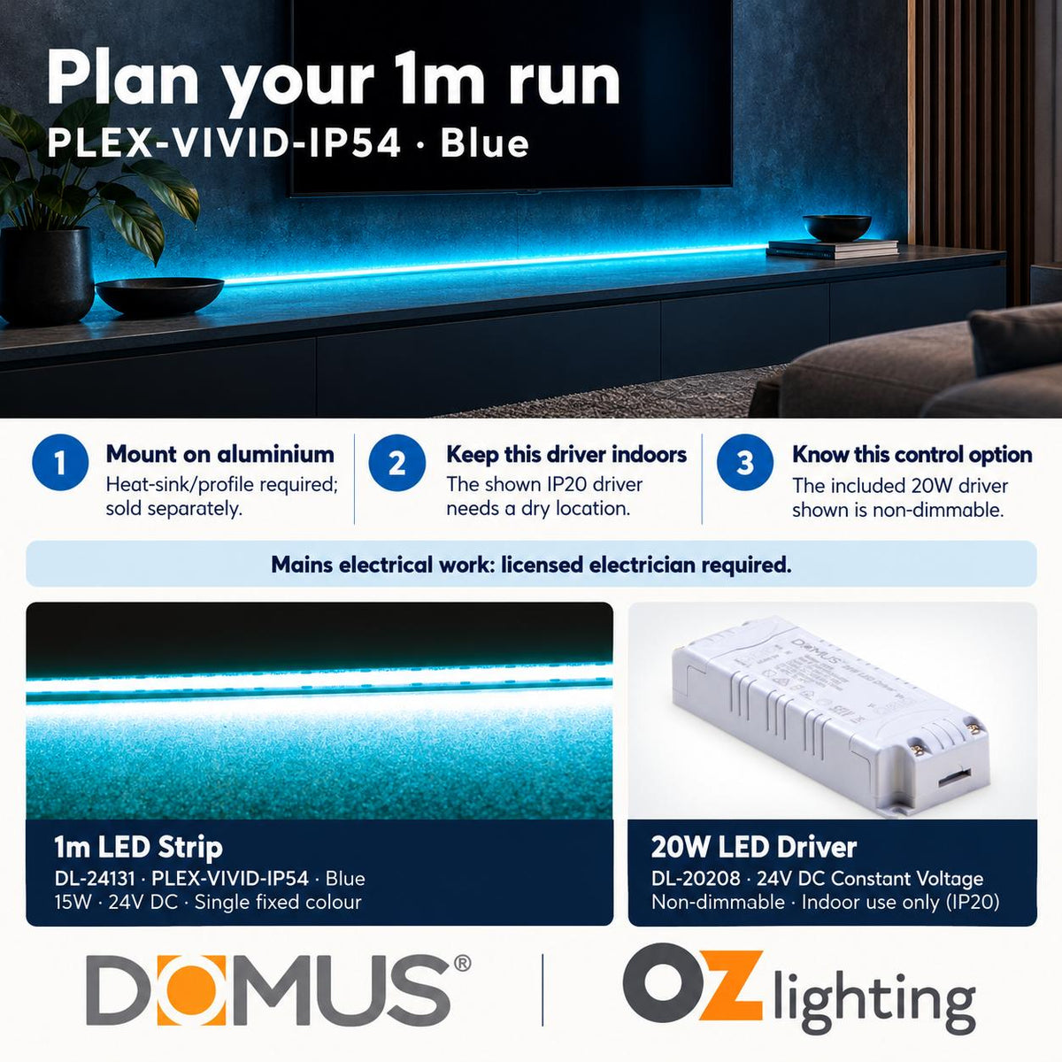 Domus PLEX Vivid 1 Metre 15W/m Blue Strip and Driver Bundle-Domus Lighting-Ozlighting.com.au