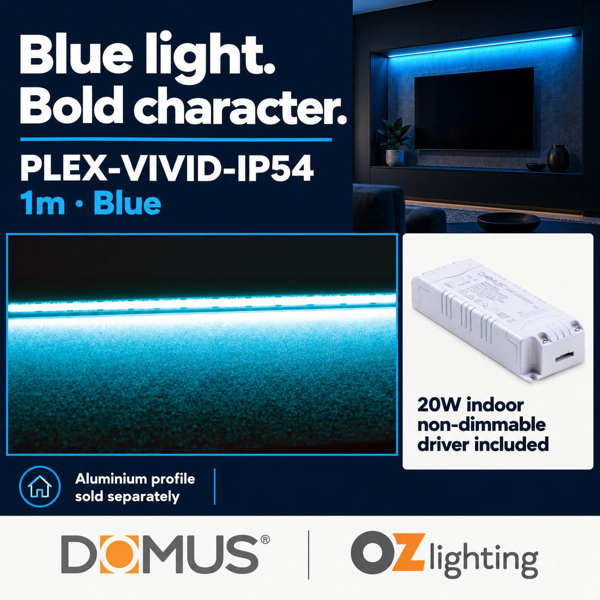 Domus PLEX Vivid 1 Metre 15W/m Blue Strip and Driver Bundle-Domus Lighting-Ozlighting.com.au