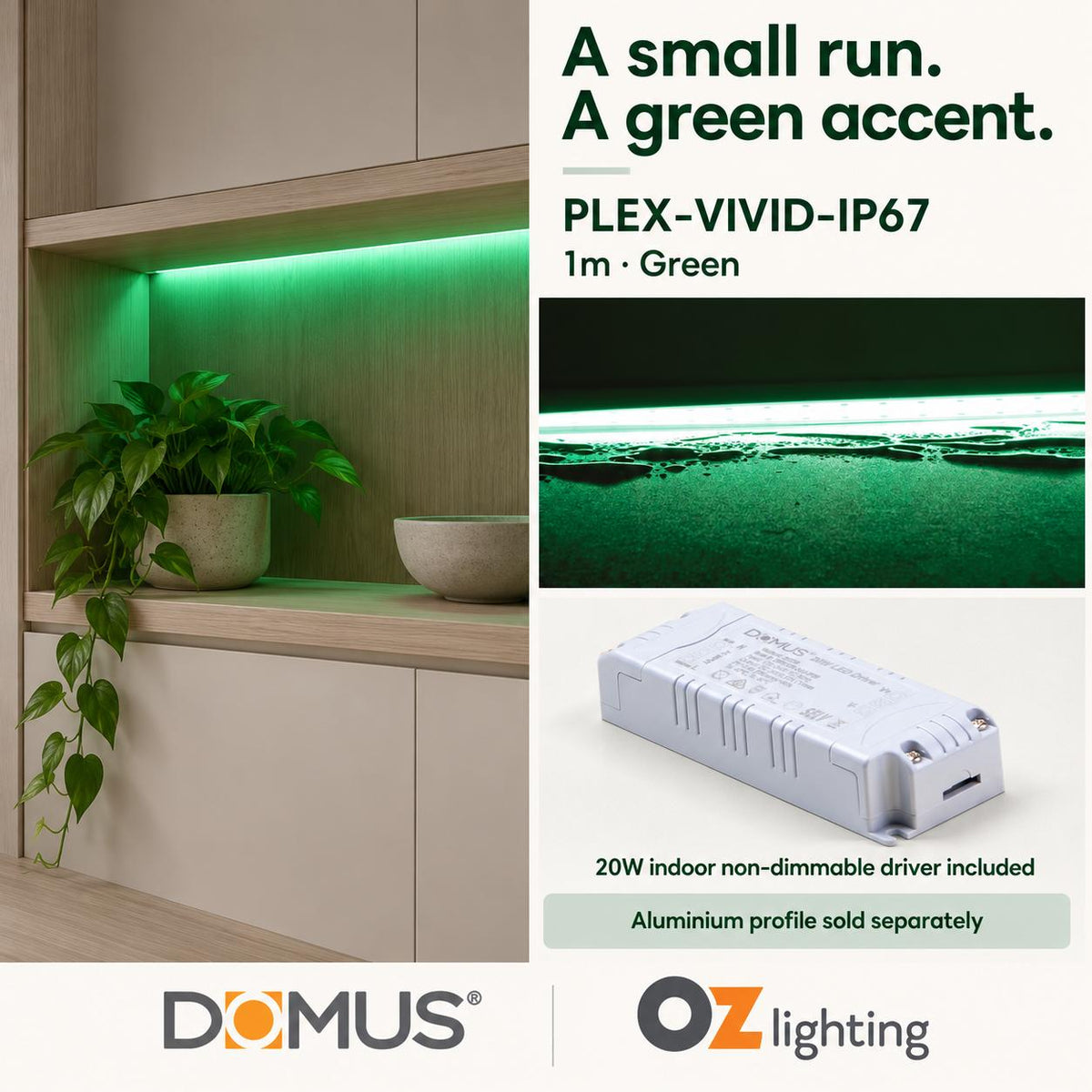 Domus PLEX Vivid 1 Metre 15W/m Green Outdoor Strip and Driver Bundle-Domus Lighting-Ozlighting.com.au