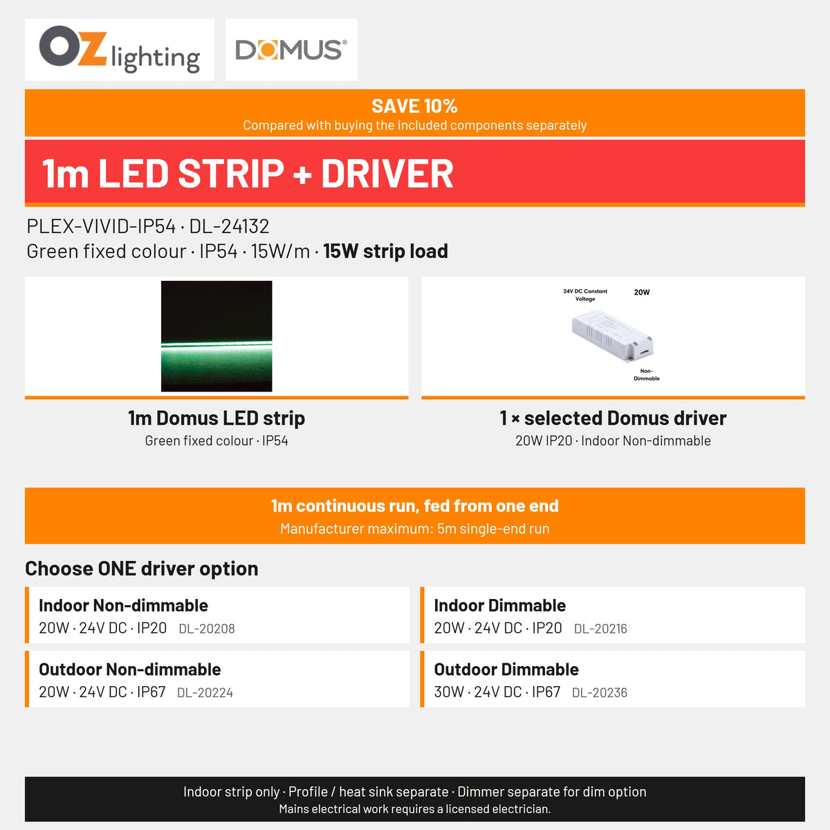 Domus PLEX Vivid 1 Metre 15W/m Green Strip and Driver Bundle-Domus Lighting-Ozlighting.com.au