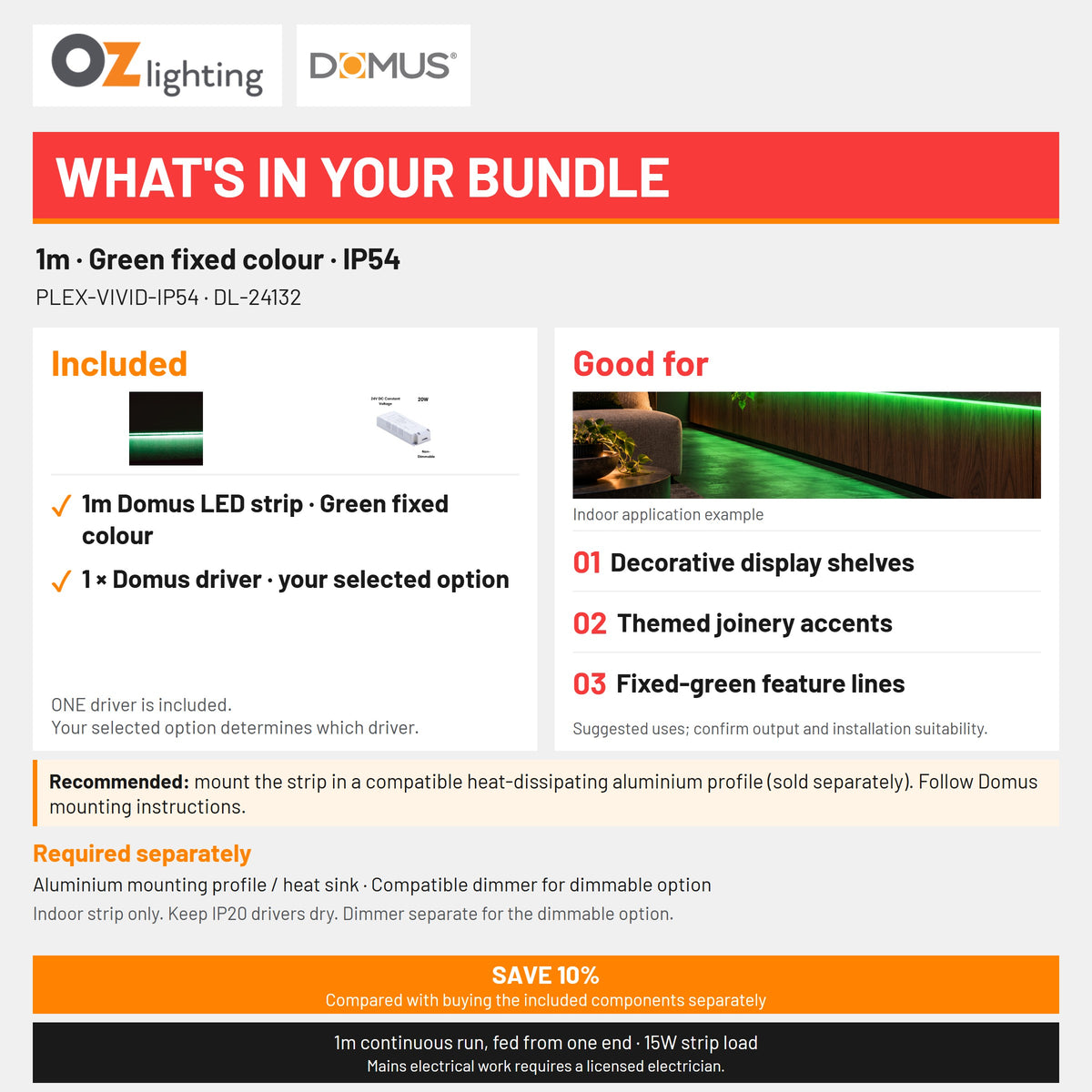Domus PLEX Vivid 1 Metre 15W/m Green Strip and Driver Bundle-Domus Lighting-Ozlighting.com.au