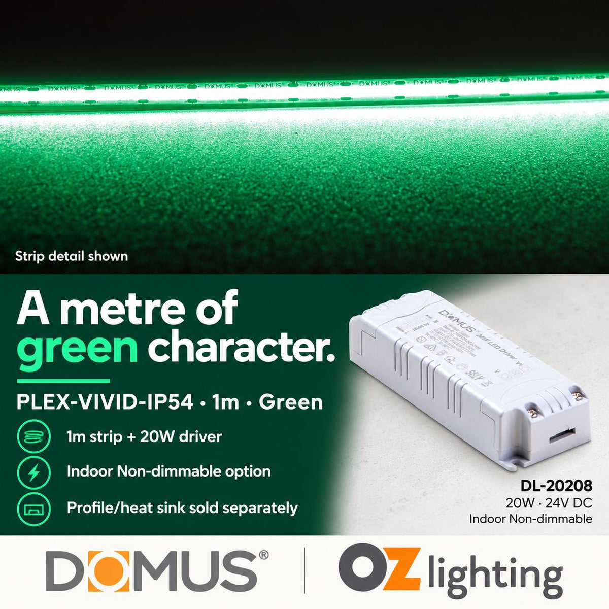 Domus PLEX Vivid 1 Metre 15W/m Green Strip and Driver Bundle-Domus Lighting-Ozlighting.com.au