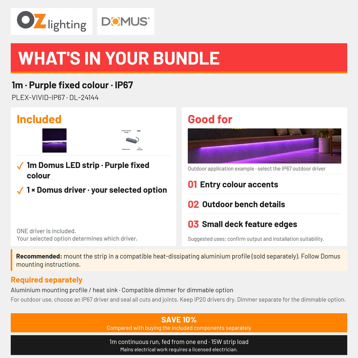 Domus PLEX Vivid 1 Metre 15W/m Purple Outdoor Strip and Driver Bundle-Domus Lighting-Ozlighting.com.au