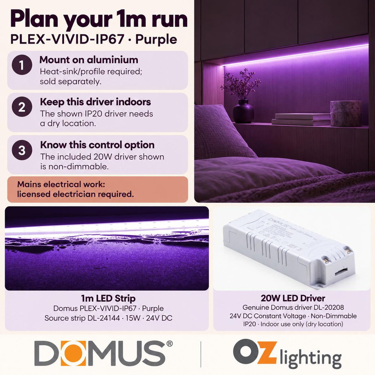 Domus PLEX Vivid 1 Metre 15W/m Purple Outdoor Strip and Driver Bundle-Domus Lighting-Ozlighting.com.au