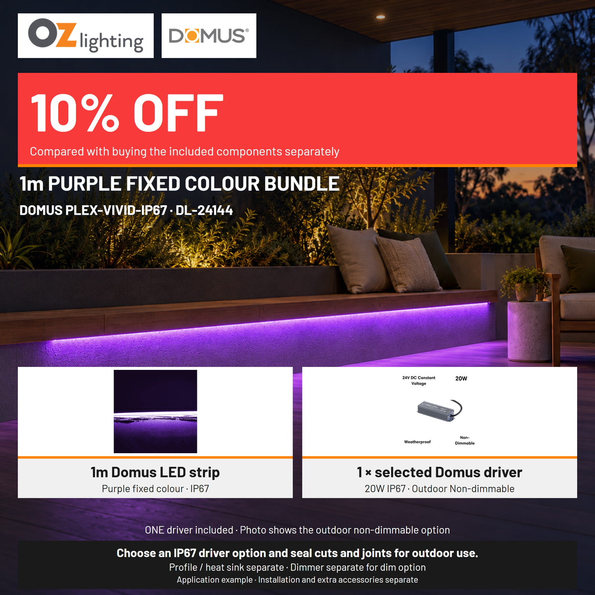 Domus PLEX Vivid 1 Metre 15W/m Purple Outdoor Strip and Driver Bundle-Domus Lighting-Ozlighting.com.au