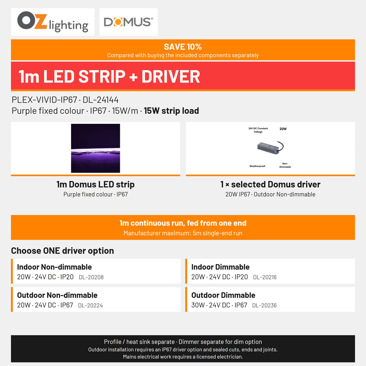 Domus PLEX Vivid 1 Metre 15W/m Purple Outdoor Strip and Driver Bundle-Domus Lighting-Ozlighting.com.au