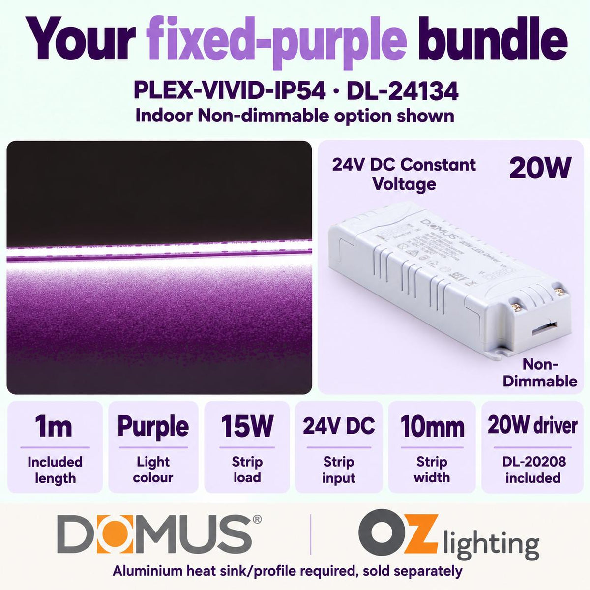 Domus PLEX Vivid 1 Metre 15W/m Purple Strip and Driver Bundle-Domus Lighting-Ozlighting.com.au