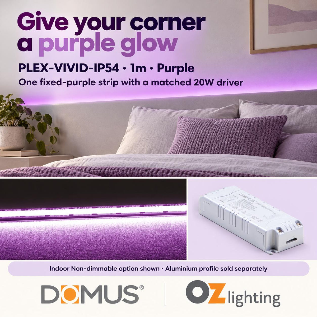 Domus PLEX Vivid 1 Metre 15W/m Purple Strip and Driver Bundle-Domus Lighting-Ozlighting.com.au