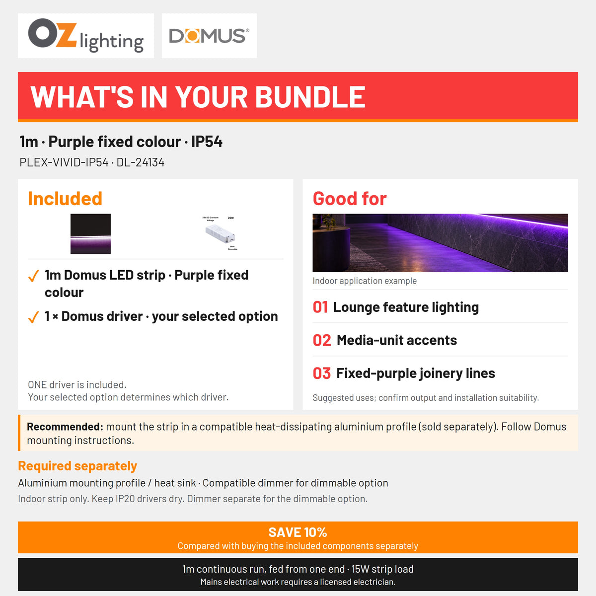 Domus PLEX Vivid 1 Metre 15W/m Purple Strip and Driver Bundle-Domus Lighting-Ozlighting.com.au