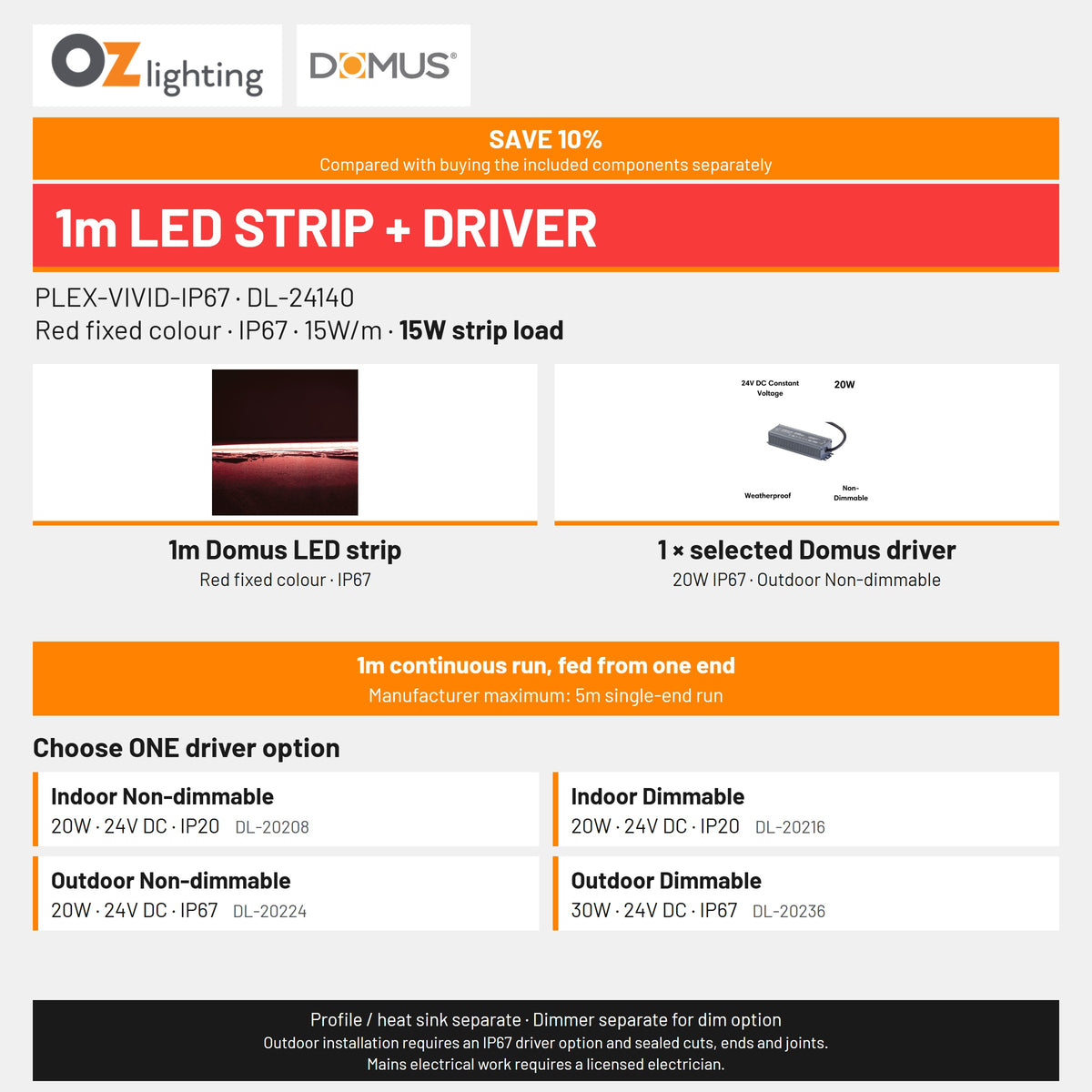 Domus PLEX-VIVID-IP67 LED Strip & Driver Bundle - Red, 1m-Domus Lighting-Ozlighting.com.au