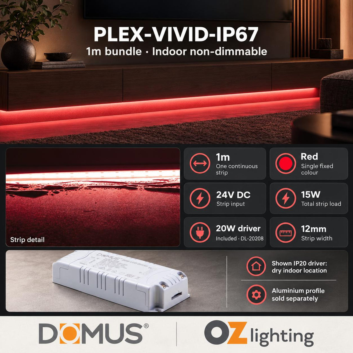 Domus PLEX Vivid 1 Metre 15W/m Red Outdoor Strip and Driver Bundle-Domus Lighting-Ozlighting.com.au