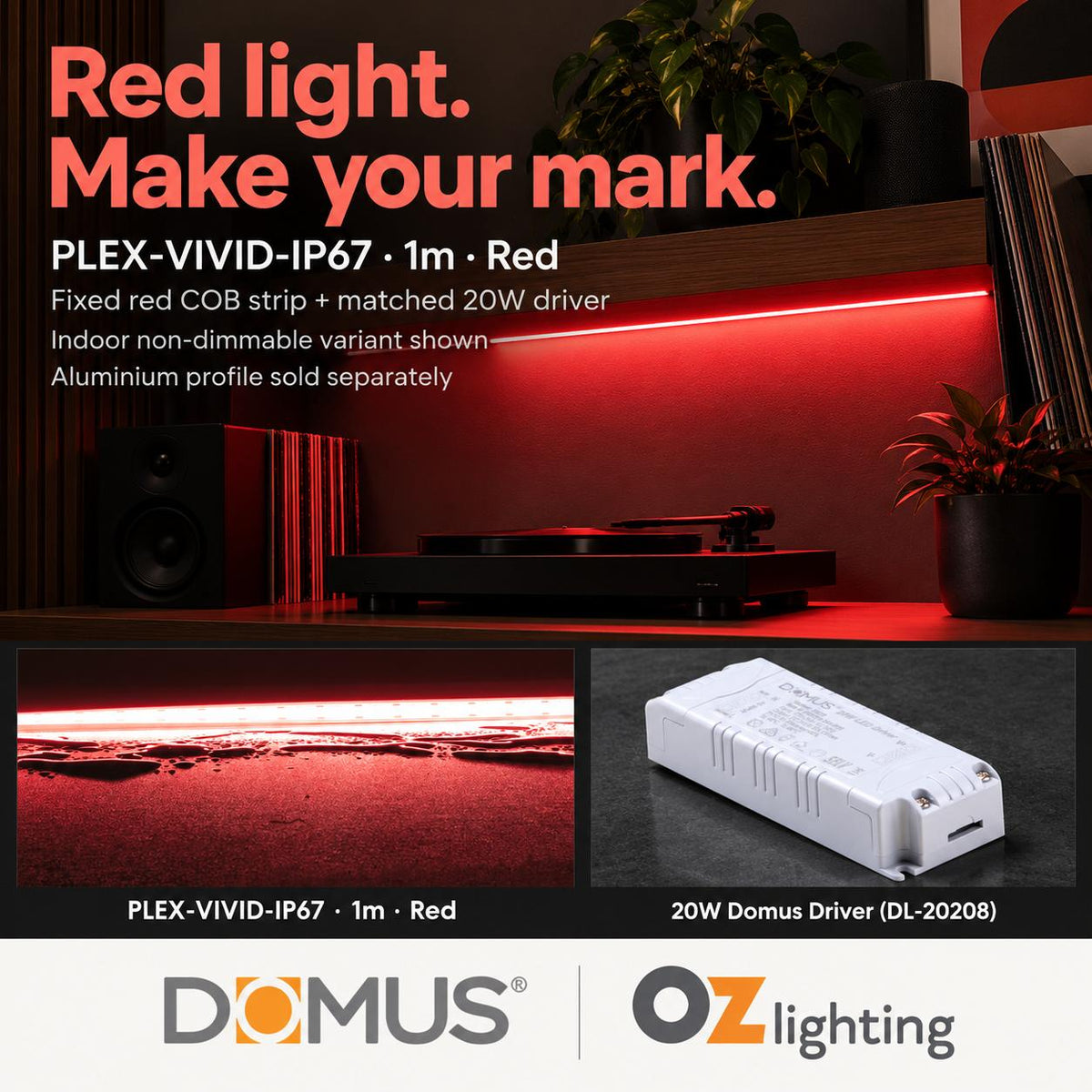 Domus PLEX Vivid 1 Metre 15W/m Red Outdoor Strip and Driver Bundle-Domus Lighting-Ozlighting.com.au