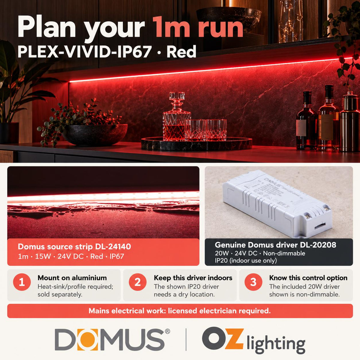 Domus PLEX Vivid 1 Metre 15W/m Red Outdoor Strip and Driver Bundle-Domus Lighting-Ozlighting.com.au