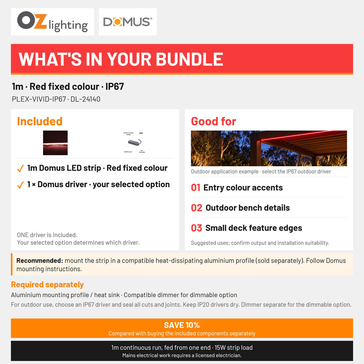 Domus PLEX Vivid 1 Metre 15W/m Red Outdoor Strip and Driver Bundle-Domus Lighting-Ozlighting.com.au