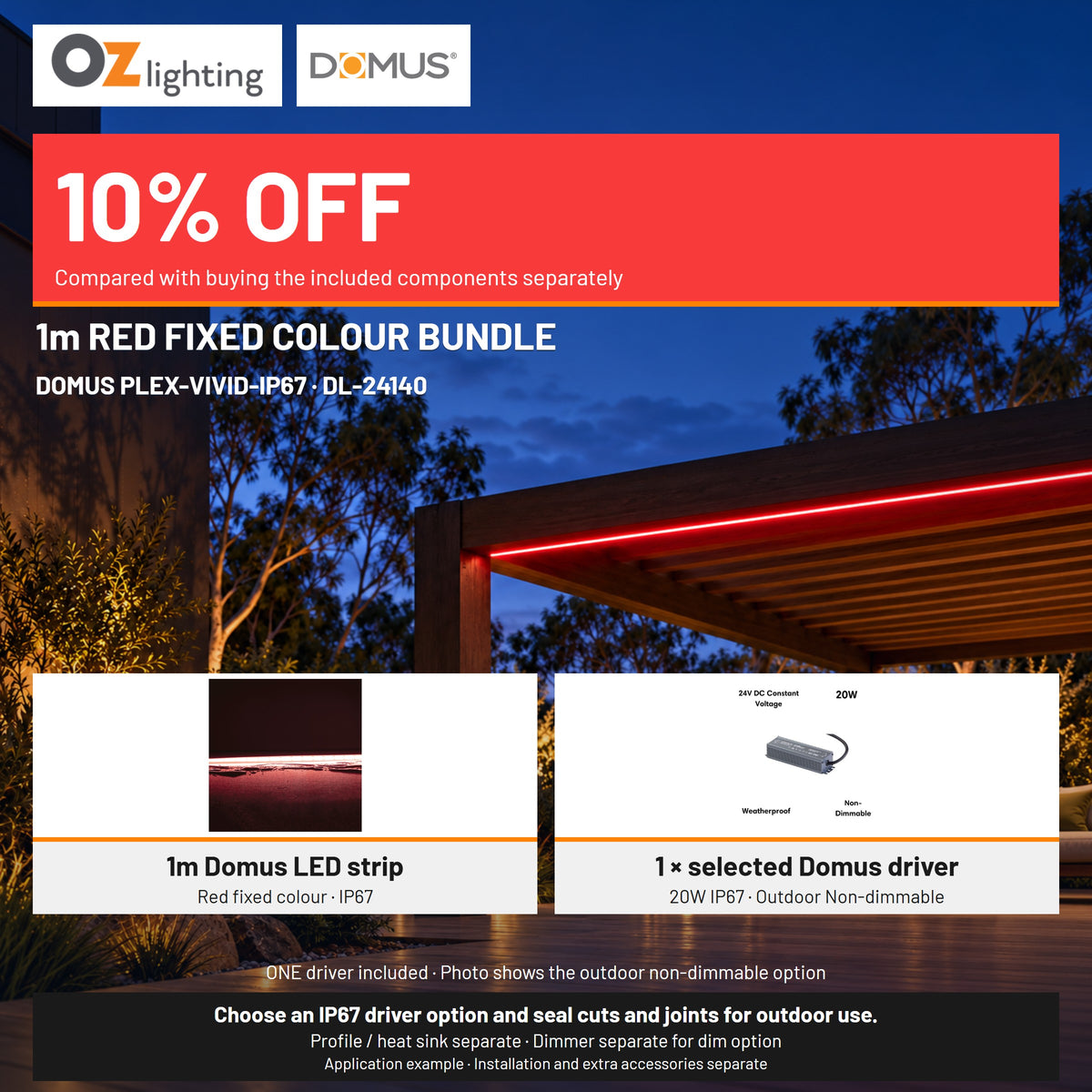 Domus PLEX-VIVID-IP67 LED Strip & Driver Bundle - Red, 1m-Domus Lighting-Ozlighting.com.au