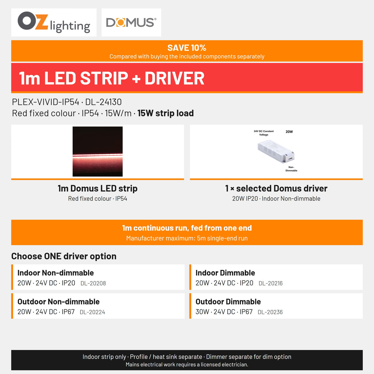 Domus PLEX Vivid 1 Metre 15W/m Red Strip and Driver Bundle-Domus Lighting-Ozlighting.com.au