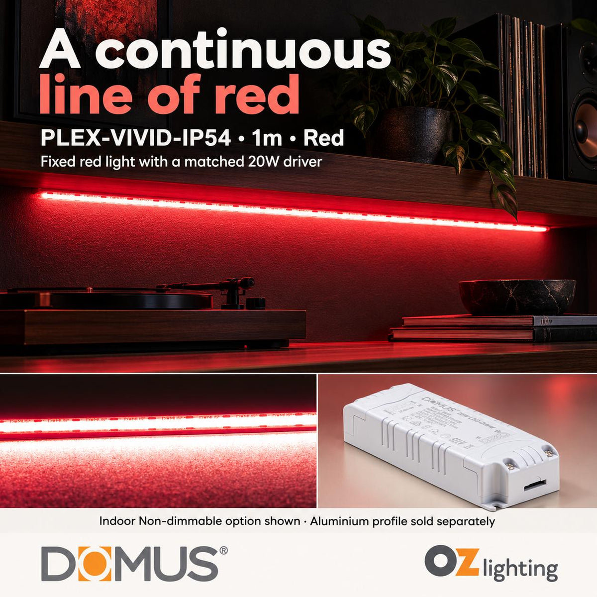 Domus PLEX Vivid 1 Metre 15W/m Red Strip and Driver Bundle-Domus Lighting-Ozlighting.com.au