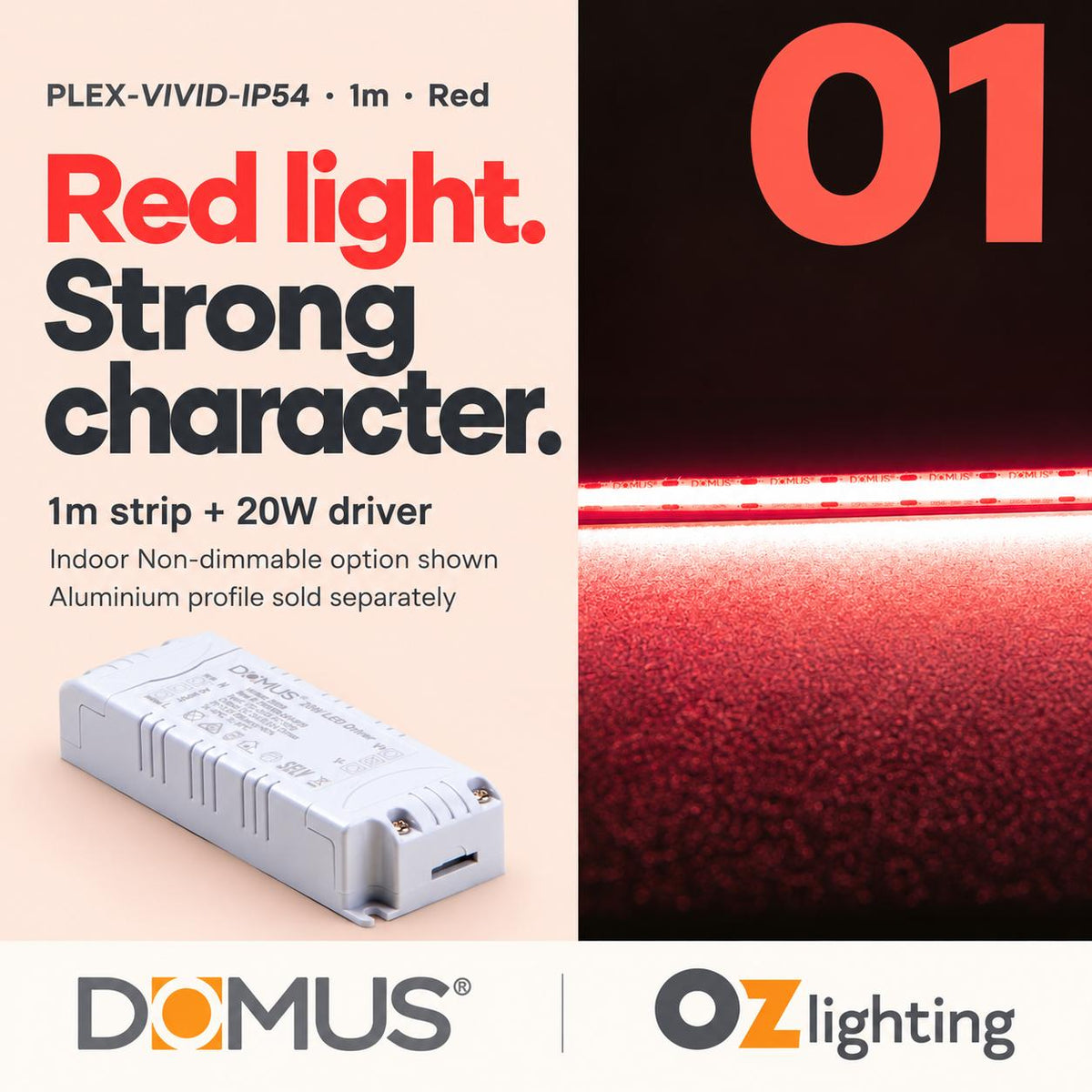 Domus PLEX Vivid 1 Metre 15W/m Red Strip and Driver Bundle-Domus Lighting-Ozlighting.com.au