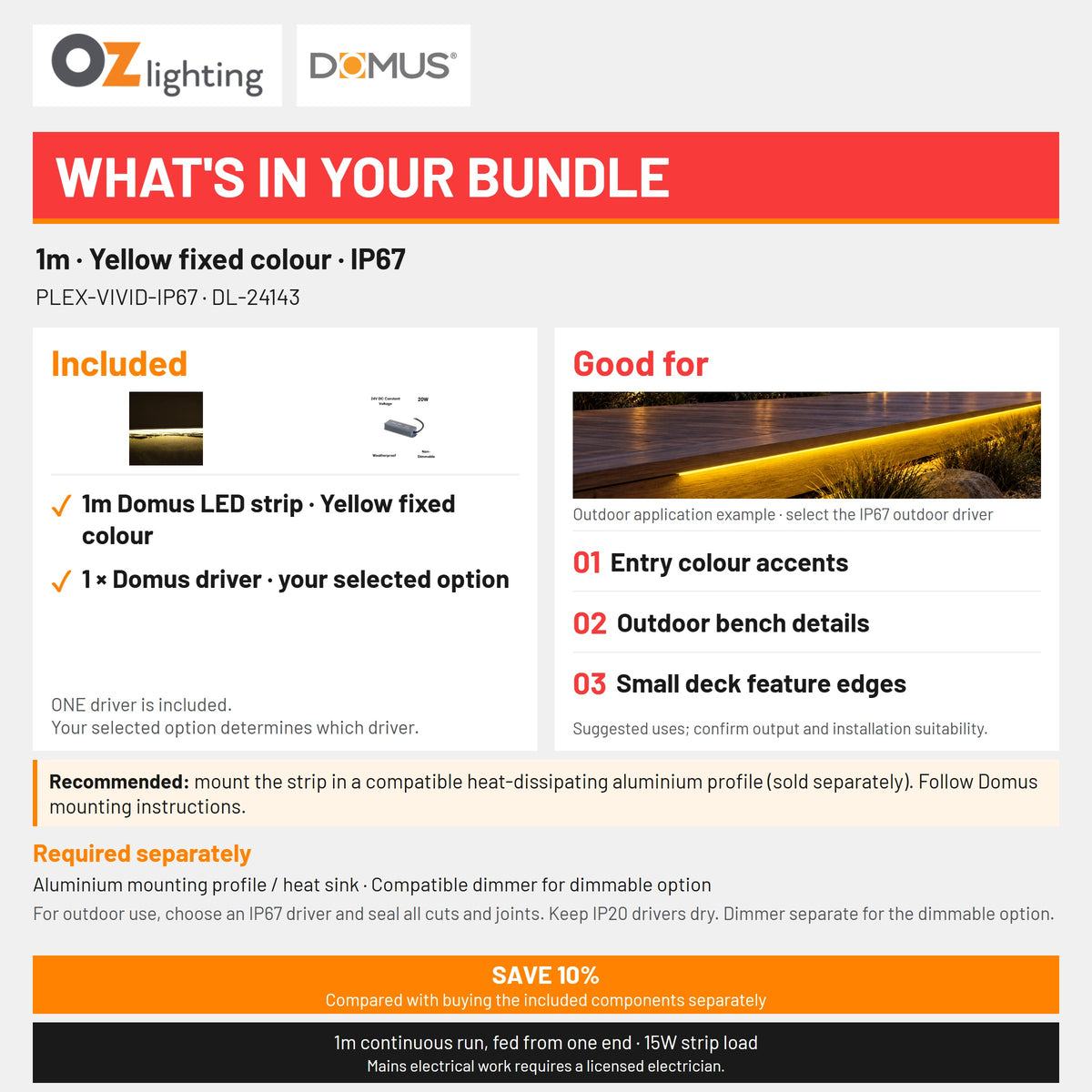Domus PLEX-VIVID-IP67 LED Strip & Driver Bundle - Yellow, 1m-Domus Lighting-Ozlighting.com.au