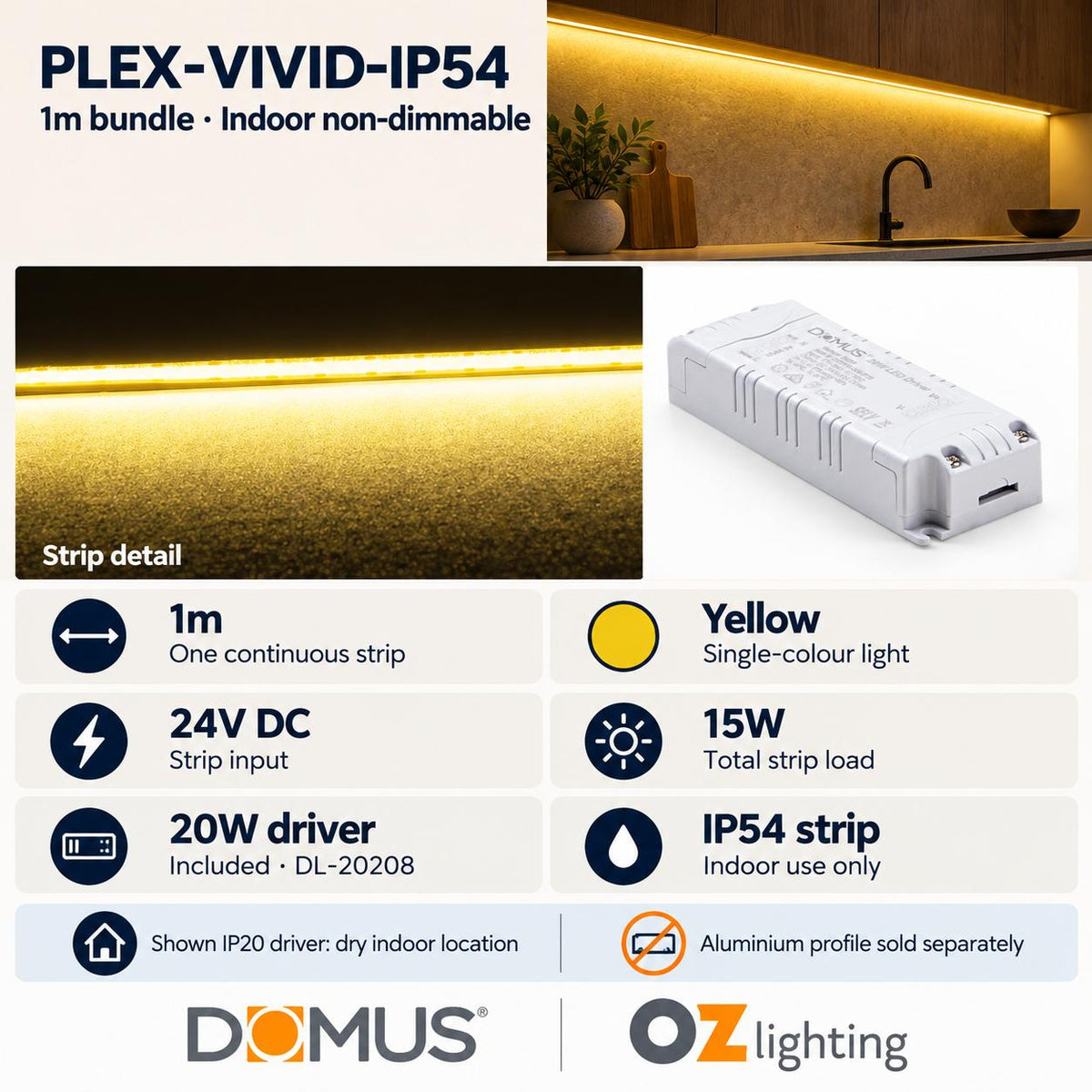 Domus PLEX Vivid 1 Metre 15W/m Yellow Strip and Driver Bundle-Domus Lighting-Ozlighting.com.au