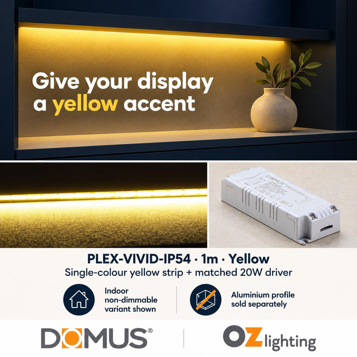 Domus PLEX Vivid 1 Metre 15W/m Yellow Strip and Driver Bundle-Domus Lighting-Ozlighting.com.au