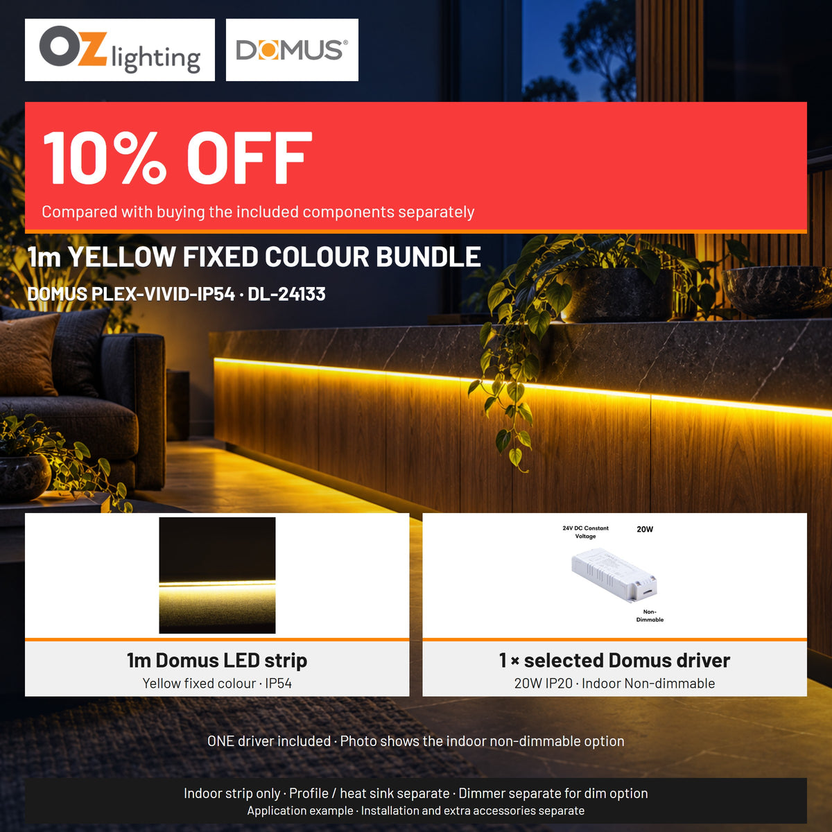 Domus PLEX-VIVID-IP54 LED Strip & Driver Bundle - Yellow, 1m-Domus Lighting-Ozlighting.com.au