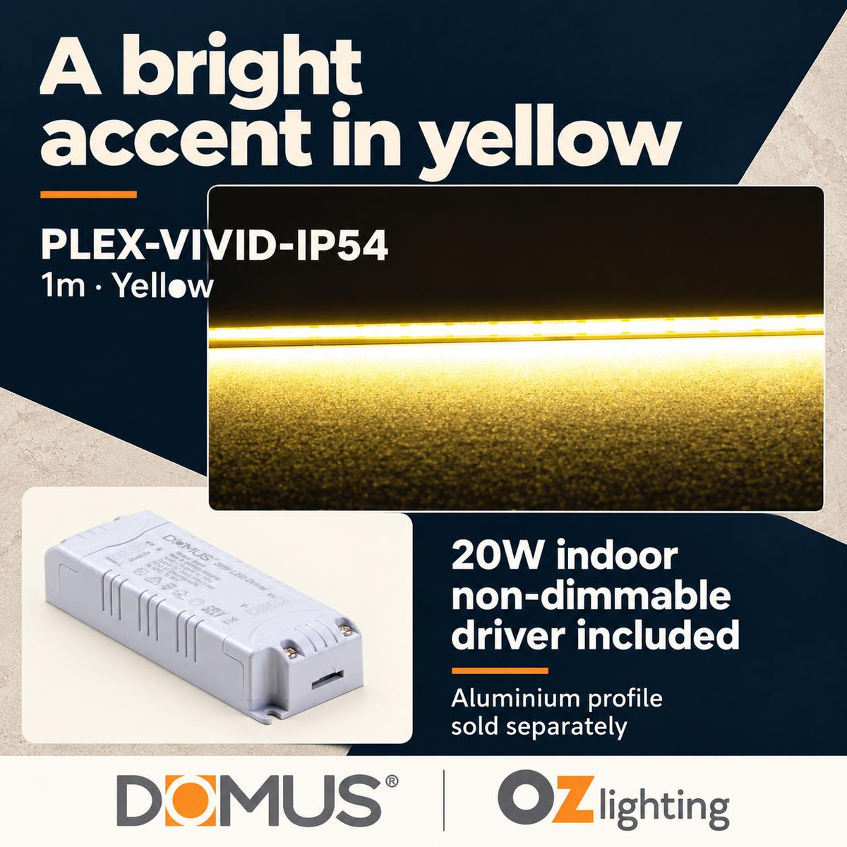 Domus PLEX Vivid 1 Metre 15W/m Yellow Strip and Driver Bundle-Domus Lighting-Ozlighting.com.au