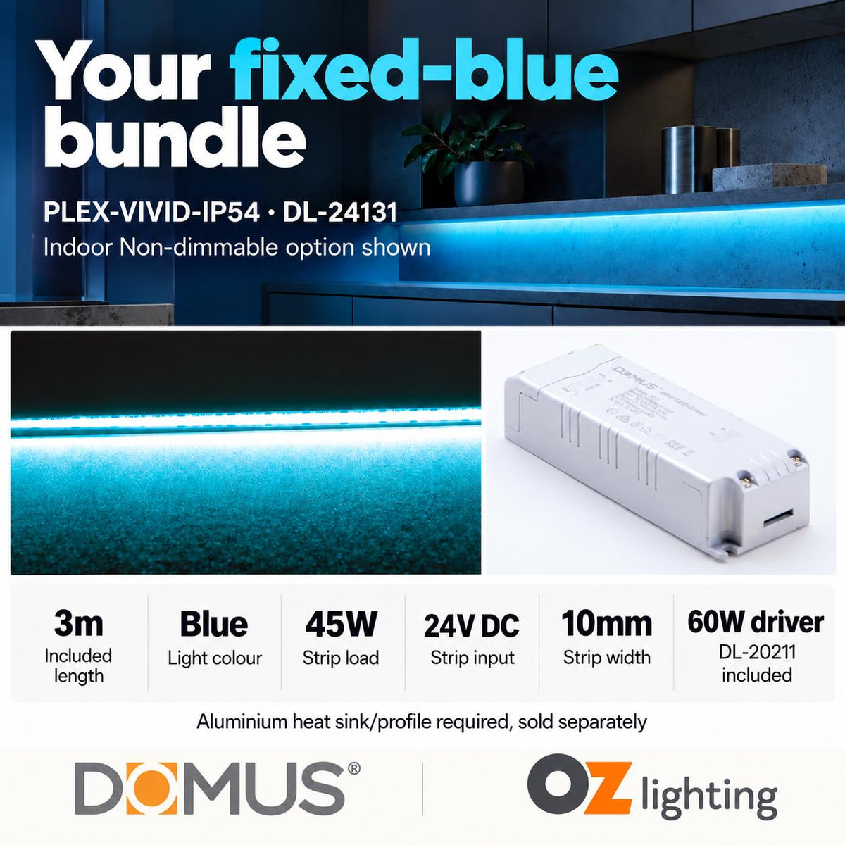 Domus PLEX Vivid 3 Metre 15W/m Blue Strip and Driver Bundle-Domus Lighting-Ozlighting.com.au