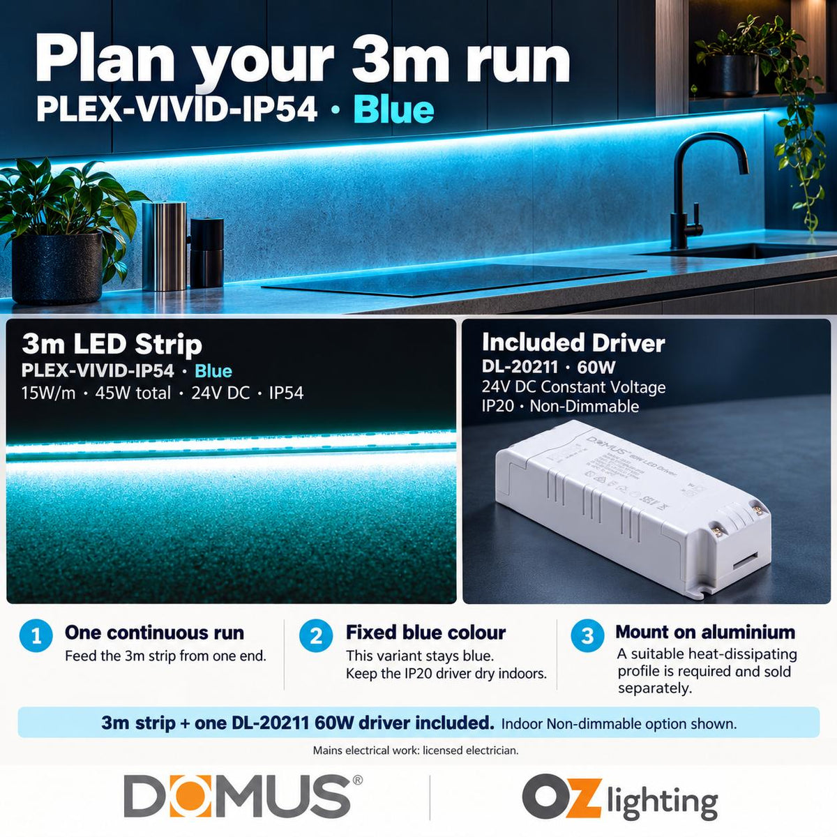 Domus PLEX Vivid 3 Metre 15W/m Blue Strip and Driver Bundle-Domus Lighting-Ozlighting.com.au