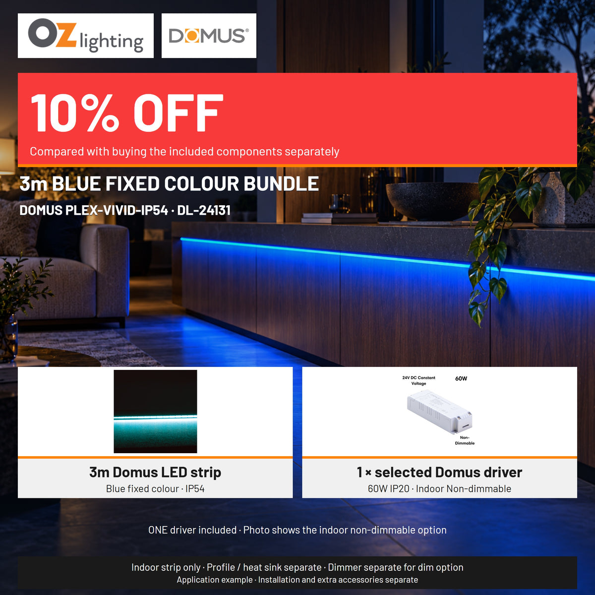 Domus PLEX-VIVID-IP54 LED Strip & Driver Bundle - Blue, 3m-Domus Lighting-Ozlighting.com.au