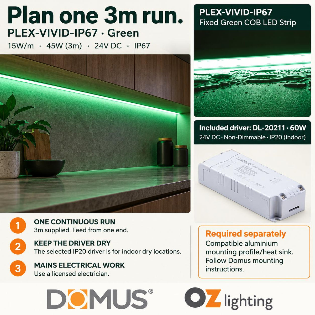 Domus PLEX Vivid 3 Metre 15W/m Green Outdoor Strip and Driver Bundle-Domus Lighting-Ozlighting.com.au