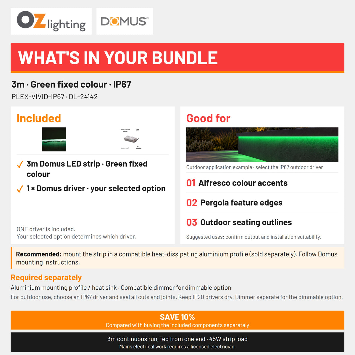 Domus PLEX Vivid 3 Metre 15W/m Green Outdoor Strip and Driver Bundle-Domus Lighting-Ozlighting.com.au
