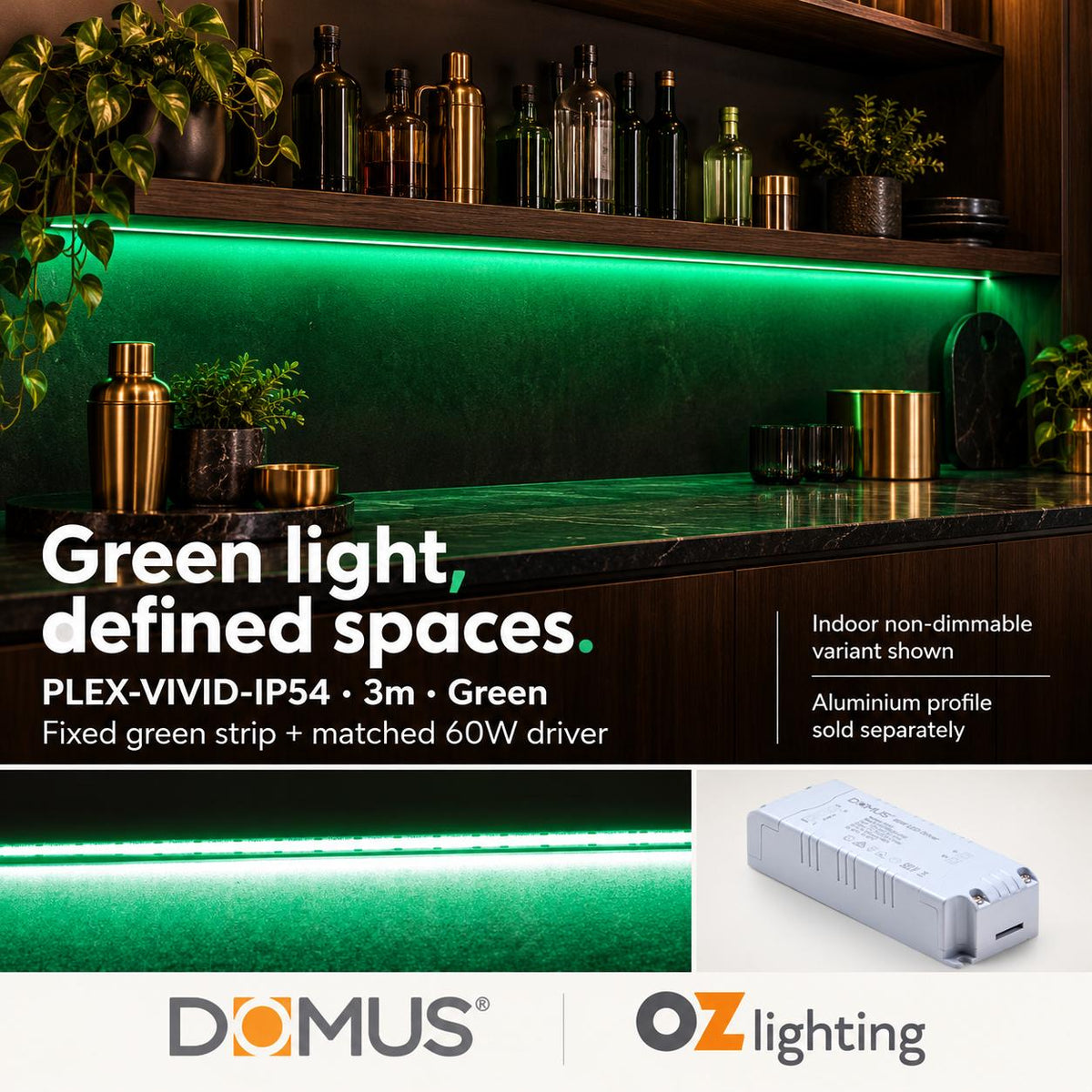 Domus PLEX Vivid 3 Metre 15W/m Green Strip and Driver Bundle-Domus Lighting-Ozlighting.com.au