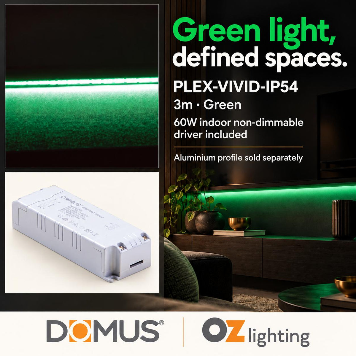 Domus PLEX Vivid 3 Metre 15W/m Green Strip and Driver Bundle-Domus Lighting-Ozlighting.com.au