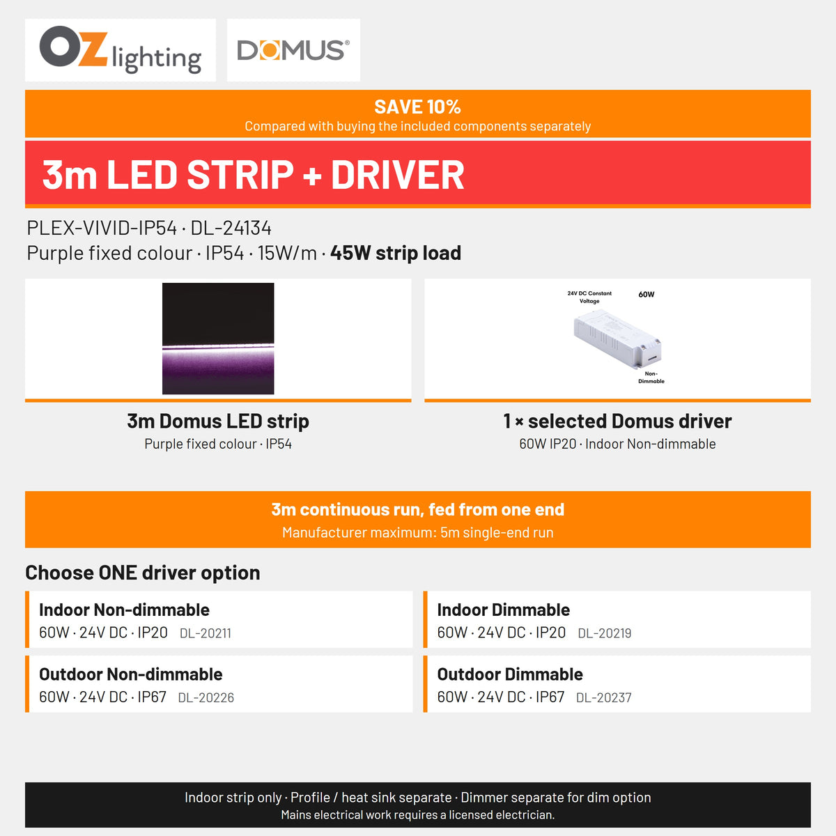 Domus PLEX Vivid 3 Metre 15W/m Purple Strip and Driver Bundle-Domus Lighting-Ozlighting.com.au