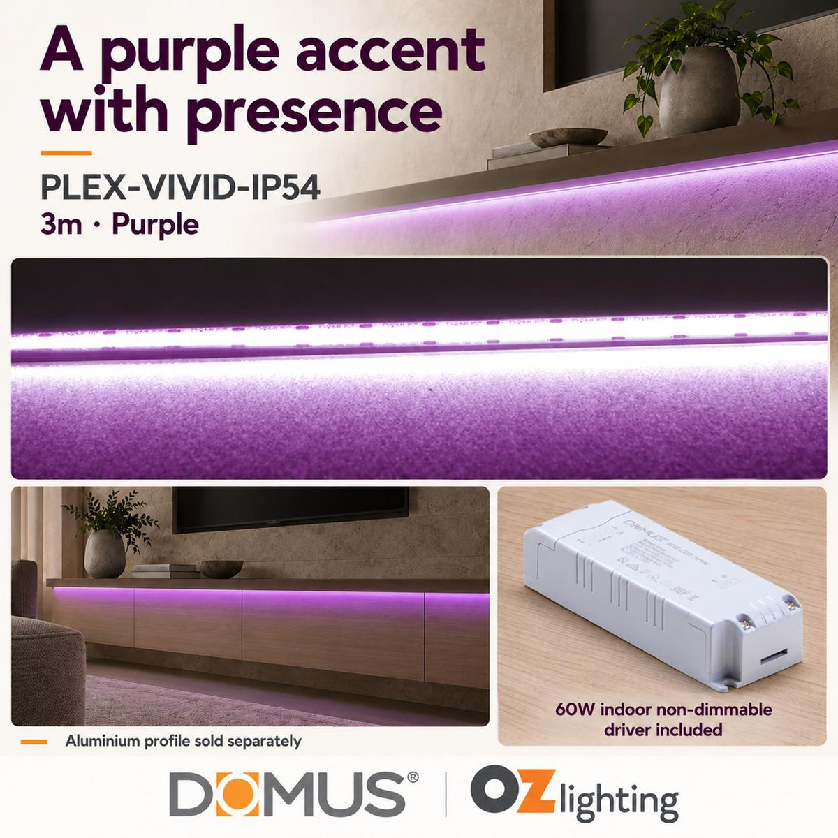 Domus PLEX Vivid 3 Metre 15W/m Purple Strip and Driver Bundle-Domus Lighting-Ozlighting.com.au