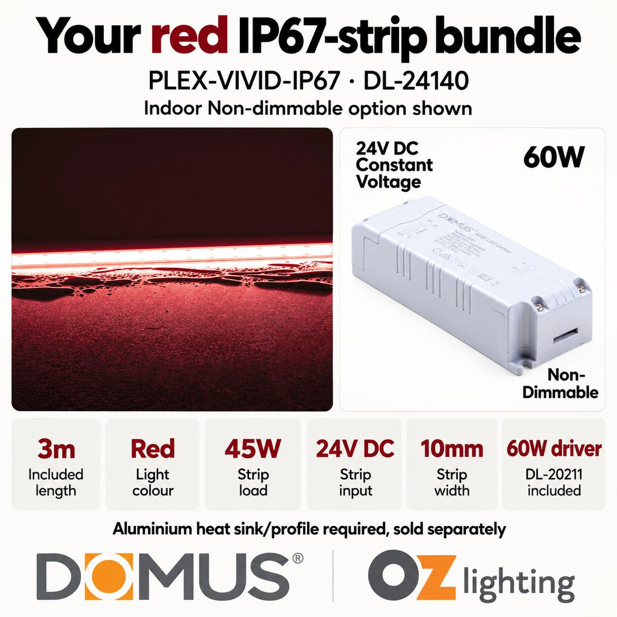 Domus PLEX Vivid 3 Metre 15W/m Red Outdoor Strip and Driver Bundle-Domus Lighting-Ozlighting.com.au