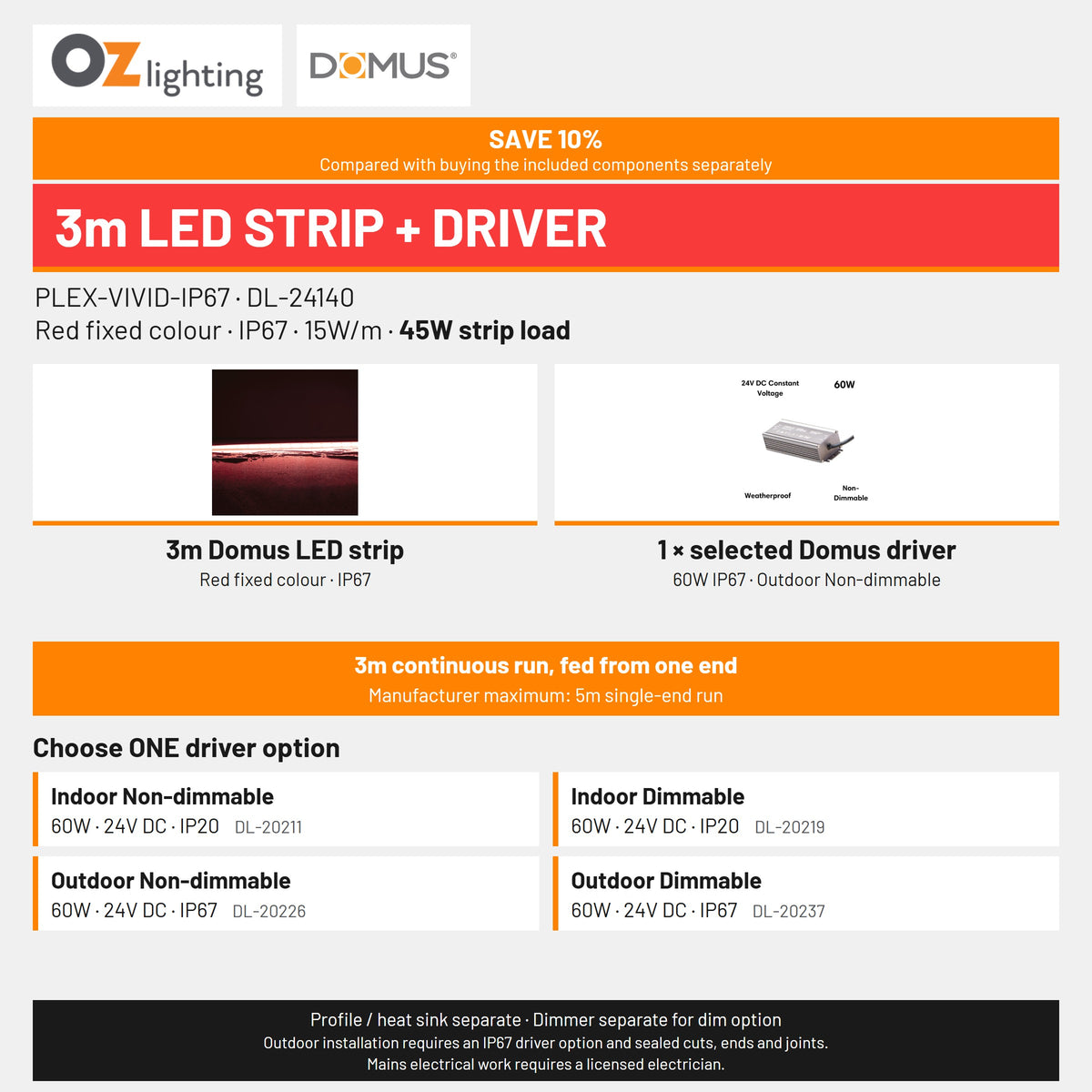 Domus PLEX Vivid 3 Metre 15W/m Red Outdoor Strip and Driver Bundle-Domus Lighting-Ozlighting.com.au