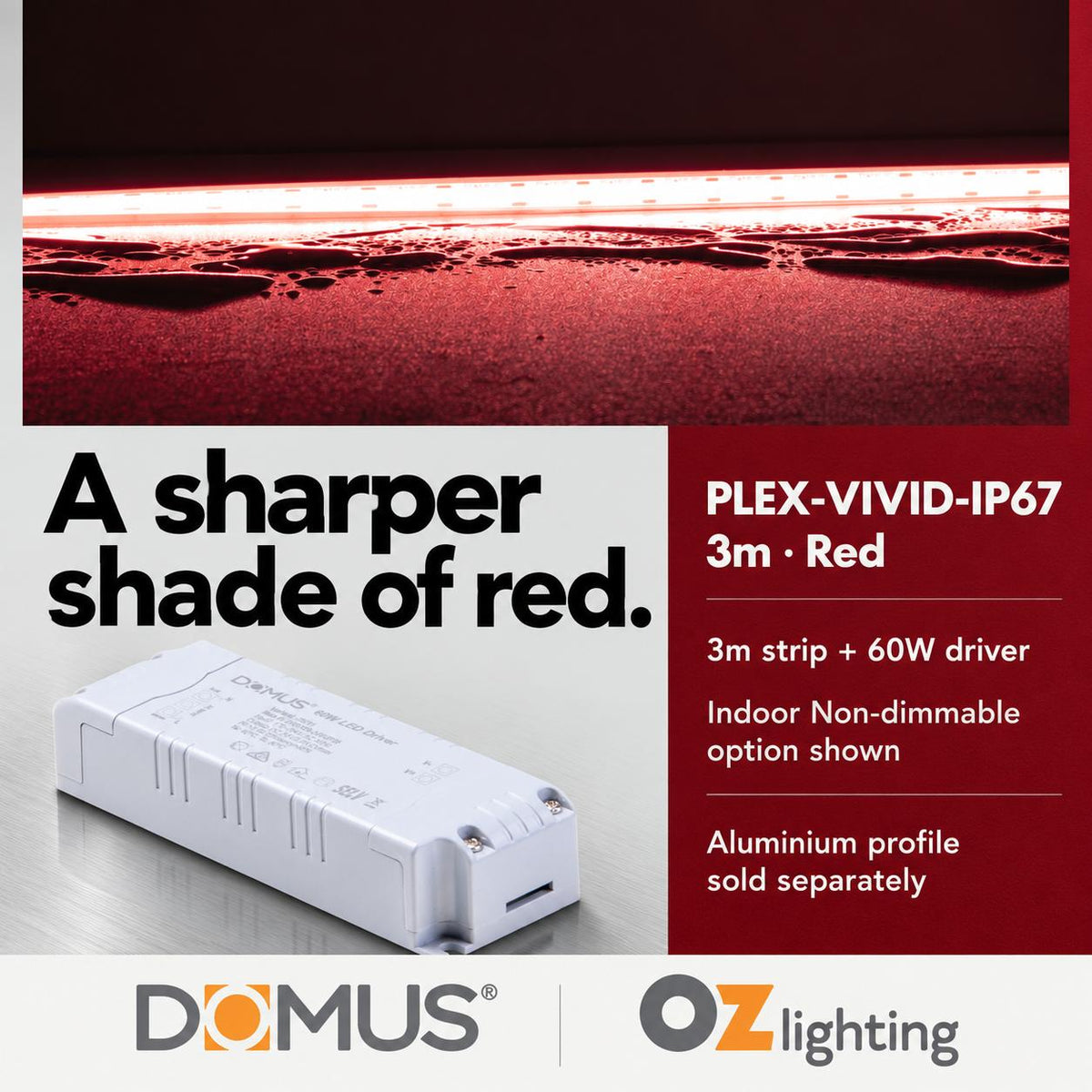 Domus PLEX Vivid 3 Metre 15W/m Red Outdoor Strip and Driver Bundle-Domus Lighting-Ozlighting.com.au