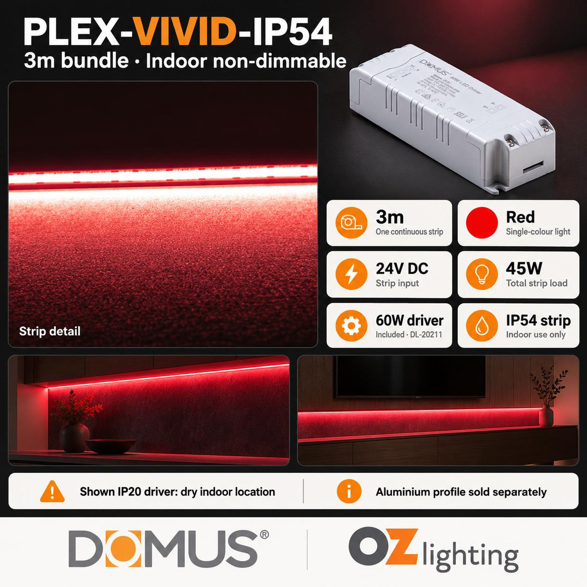 Domus PLEX Vivid 3 Metre 15W/m Red Strip and Driver Bundle-Domus Lighting-Ozlighting.com.au
