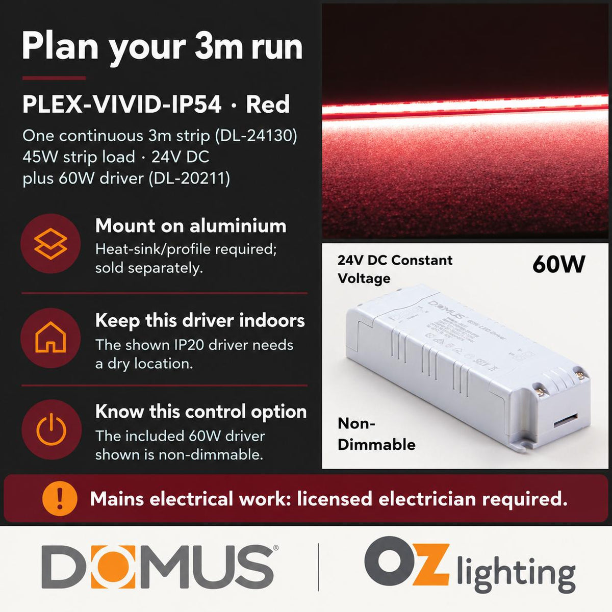 Domus PLEX Vivid 3 Metre 15W/m Red Strip and Driver Bundle-Domus Lighting-Ozlighting.com.au
